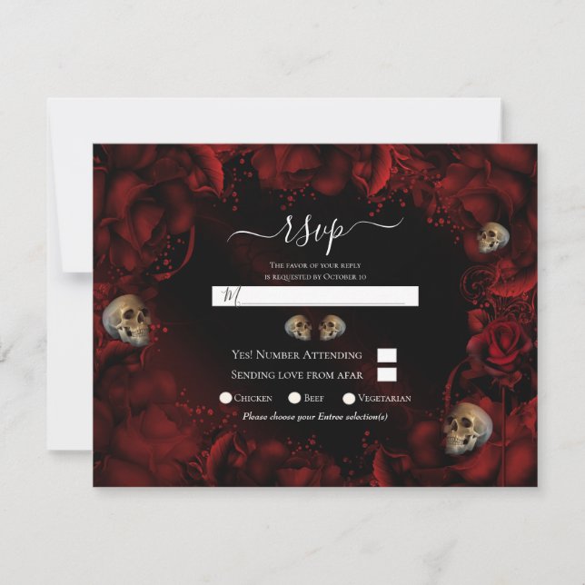 All Red Roses & Skulls Dark Floral Wedding RSVP  Invitation (Front)