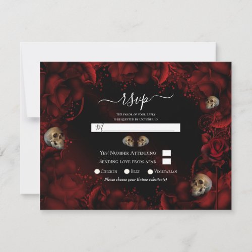 All Red Roses  Skulls Dark Floral Wedding RSVP  Invitation