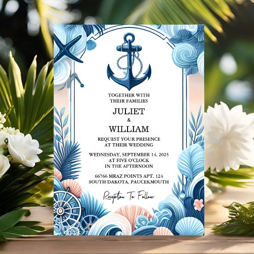 All Rope Knot Boat Ship Navy Blue Nautical Wedding Invitation