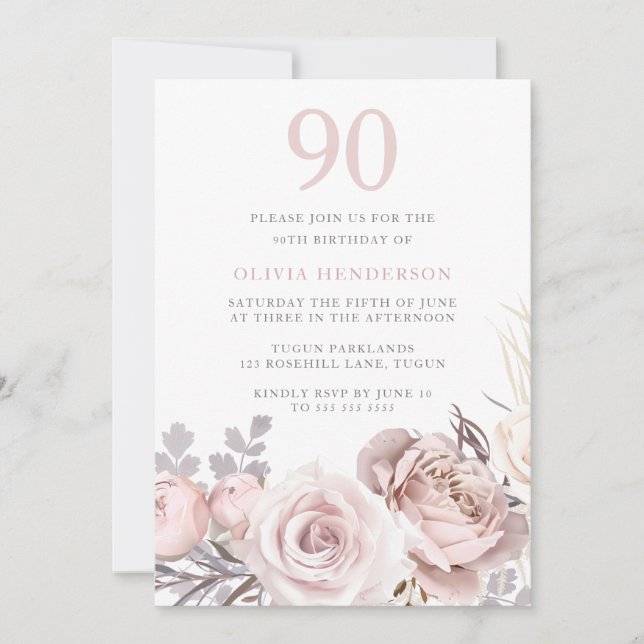 All Seasons Dusty Rose & Blush 90th Birthday Invitation (Front)