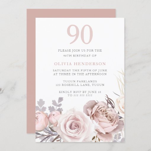 All Seasons Dusty Rose & Blush 90th Birthday Invitation | Zazzle