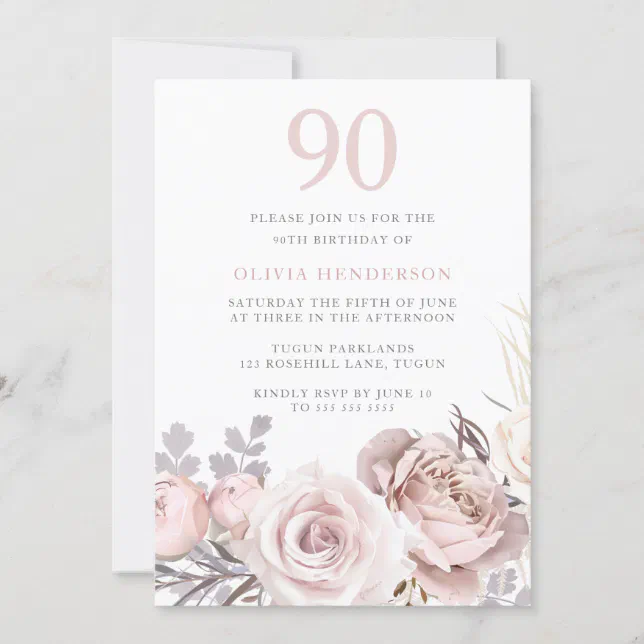 All Seasons Dusty Rose & Blush 90th Birthday Invitation | Zazzle