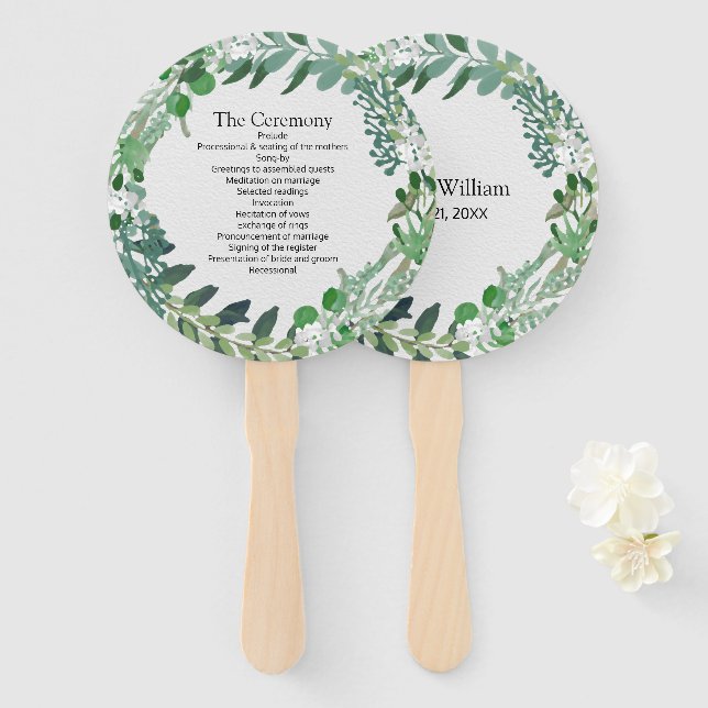 All Seasons Green Foliage Wreath Wedding Program Hand Fan (Front and Back)