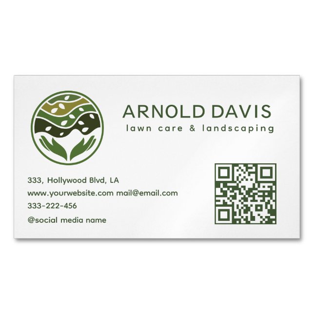 All seasons modern lawn care and landscaping logo business card magnet (Front)