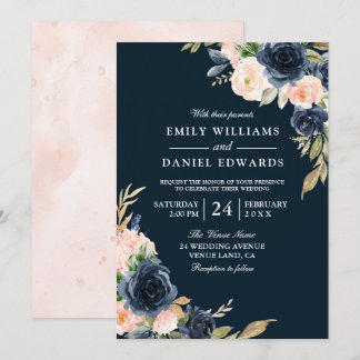All Seasons Navy Blush Botanical Floral Wedding Invitation