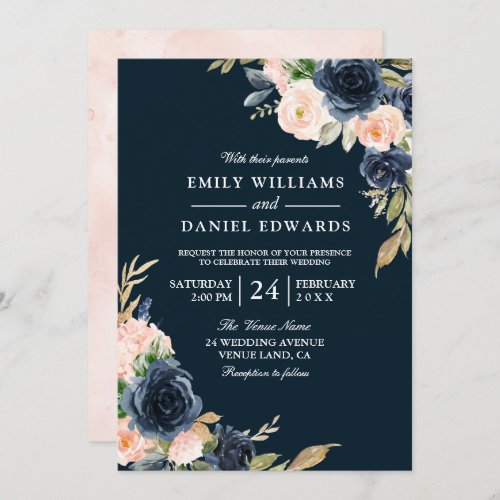 All Seasons Navy Blush Botanical Floral Wedding Invitation