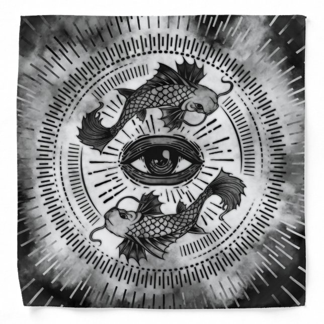 All Seeing Eye and Koi Fish - Black and White Bandana (Front)