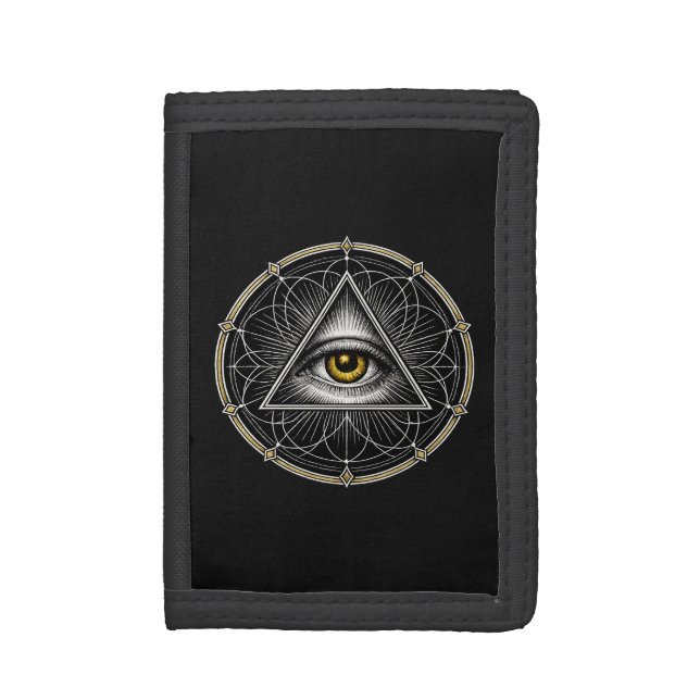 All Seeing Eye Sacred Geometry Black Trifold Wallet (Front Vertical)