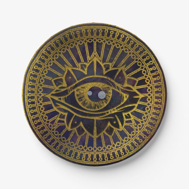 All Seeing Mystic Eye Gold on Nebula Sky Paper Plates (Front)