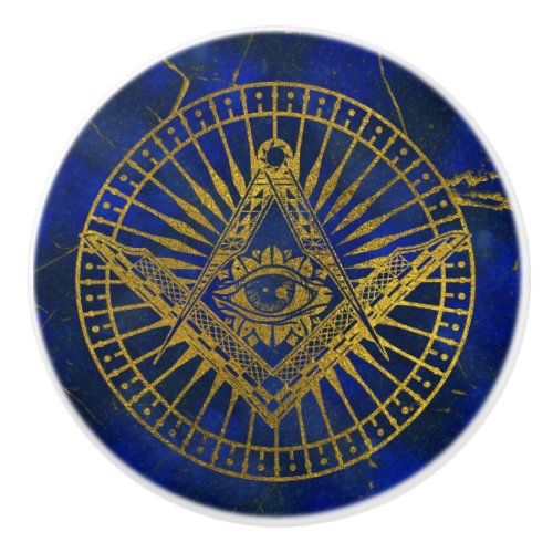 All Seeing Mystic Eye in Masonic Compass on Lapis Ceramic Knob