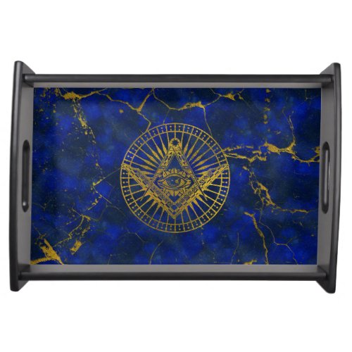 All Seeing Mystic Eye in Masonic Compass on Lapis Serving Tray