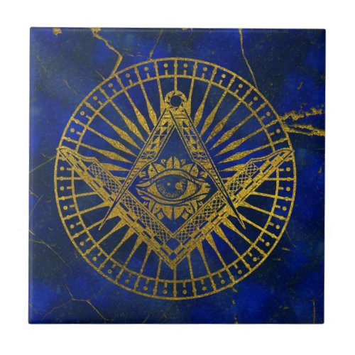All Seeing Mystic Eye in Masonic Compass on Lapis Tile