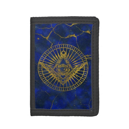 All Seeing Mystic Eye in Masonic Compass on Lapis Trifold Wallet