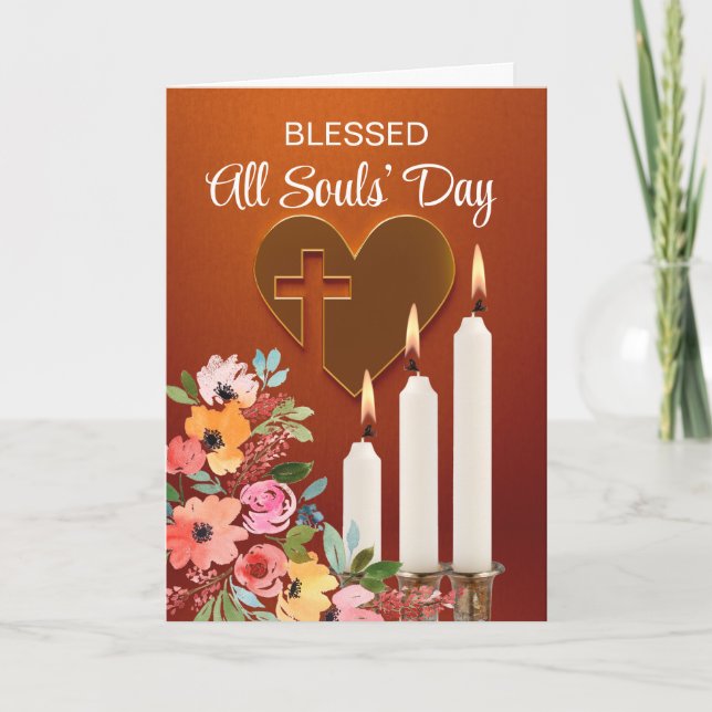 All Souls Day Heart with Cross and Lit Candles Card (Front)