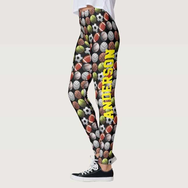 All Sports Balls on Black with Name Leggings (Left)