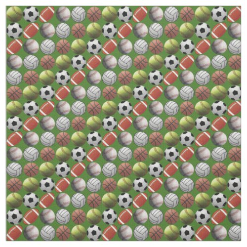 All Sports Balls on Green Background Fabric