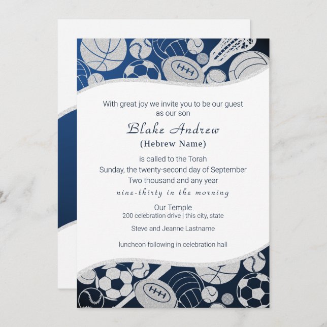 All Sports Bar Mitzvah Silver Blue Invitation (Front/Back)