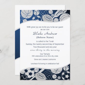 All Sports Bar Mitzvah Silver Blue Invitation by InBeTeen at Zazzle