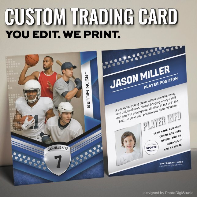 All Sports Custom Trading Card, Blue Elite Sports Calling Card (Custom Trading Card Template, All Sport Trading Card, Modern Blue Silver Design for All Sports)