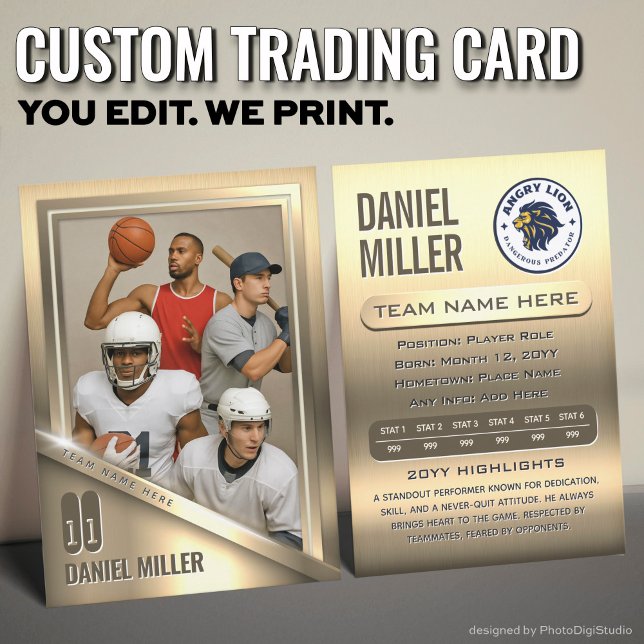 All Sports Custom Trading Card, Gold Chrome Steel  Calling Card (Custom All Sports Trading Card, Stainless Steel Gold Chrome Trading Card )