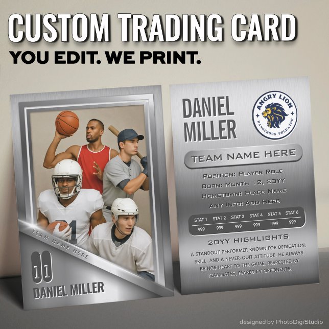 All Sports Custom Trading Card, Gray Chrome Steel  Calling Card (Custom All Sports Trading Card, Stainless Steel Chrome Trading Card )
