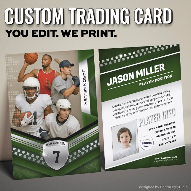 All Sports Custom Trading Card, Green Elite Sports Calling Card (Custom Trading Card Template, All Sport Trading Card, Modern Green Silver Design for All Sports)
