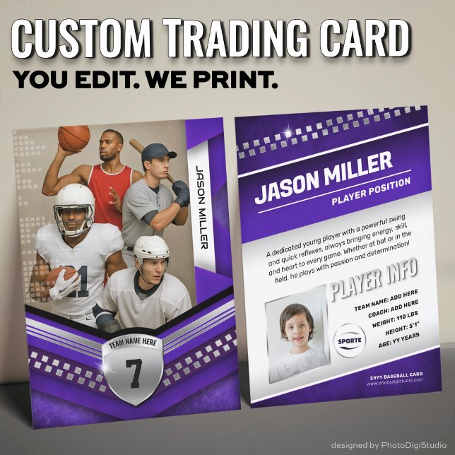 All Sports Custom Trading Card, Purple Elite Sport Calling Card (Custom Trading Card Template, All Sport Trading Card, Modern Purple Silver Design for All Sports)