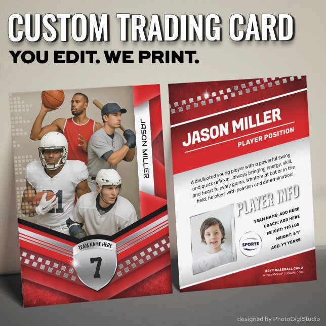 All Sports Custom Trading Card, Red Elite Sport Calling Card (Custom Trading Card Template, All Sport Trading Card, Modern Red Silver Design for All Sports)