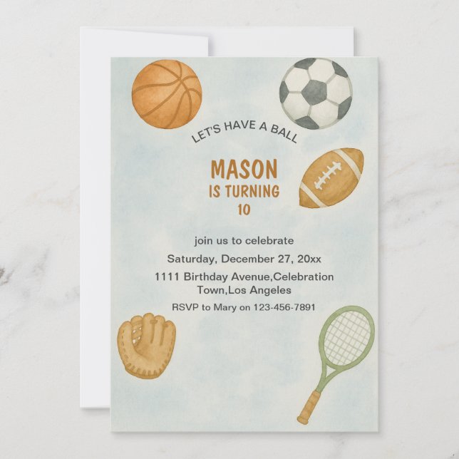 All Sports Let's Have a Ball Modern Boy Birthday  Invitation (Front)