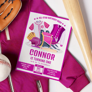 All Star Athlete Baseball Pink Birthday Invitation