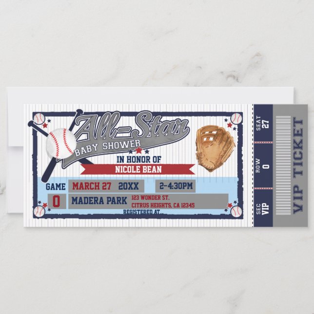 All Star Baseball Baby Shower Ticket Invitation (Front)