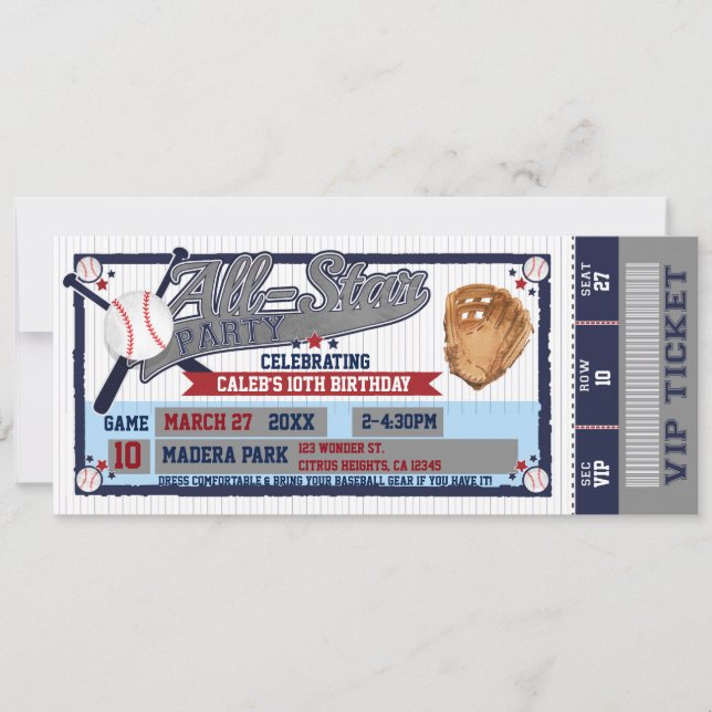 All Star Baseball Party Birthday Ticket Invitation (Front)