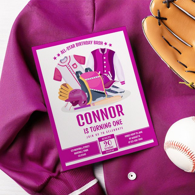 All Star Baseball Pink Budget Birthday Invitation (Creator Uploaded)