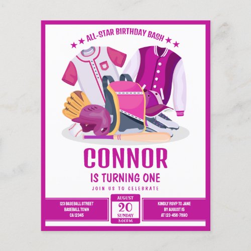 All Star Baseball Pink Budget Birthday Invitation