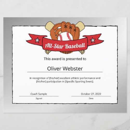 All_Star Baseball Player Award BaseballCertificate