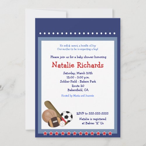 All Star Baseball Soccer Sports Baby Shower 5x7 Invitation