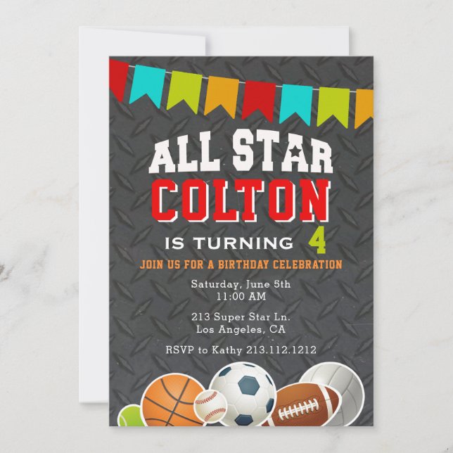 All Star Boys Sports Birthday Party Invitation (Front)