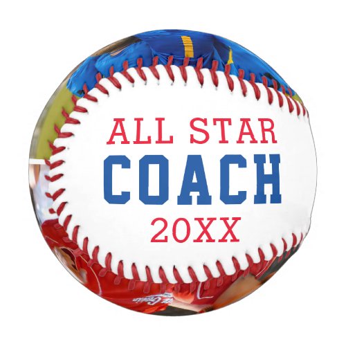 ALL STAR COACH Thank You 2 Photo Personalized Baseball - Give the ALL STAR COACH a personalized photo keepsake baseball with your custom text and two photos--a great way to thank a great coach from the team. PHOTO TIP:  For fastest/best results, choose a photo with the subject in the middle with lots of space around the subject and/or pre-crop it to a long, narrow rectangle with plenty of space around the subject BEFORE uploading for a better fit in the photo frame wrapped around the ball. Contact the designer via Zazzle Chat or makeitaboutyoustore@gmail.com if you'd like this design modified or need help personalizing it.