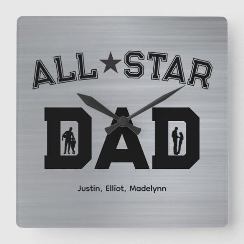 All Star Dad With Kids Names Square Wall Clock