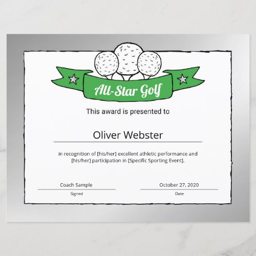 All_Star Golf Player Award Golf Certificate