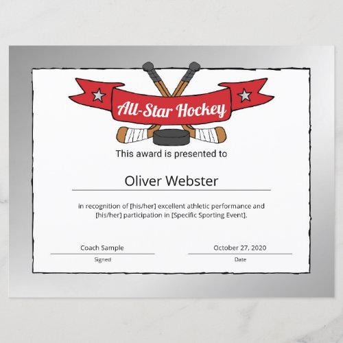 All_Star Hockey Player Award Hockey Certificate