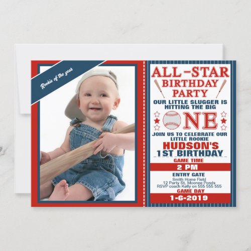 All Star Or Baseball 1st Birthday Invitation