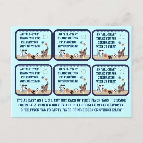 All_Star Puppies Baby Shower Party Favor Tags Postcard