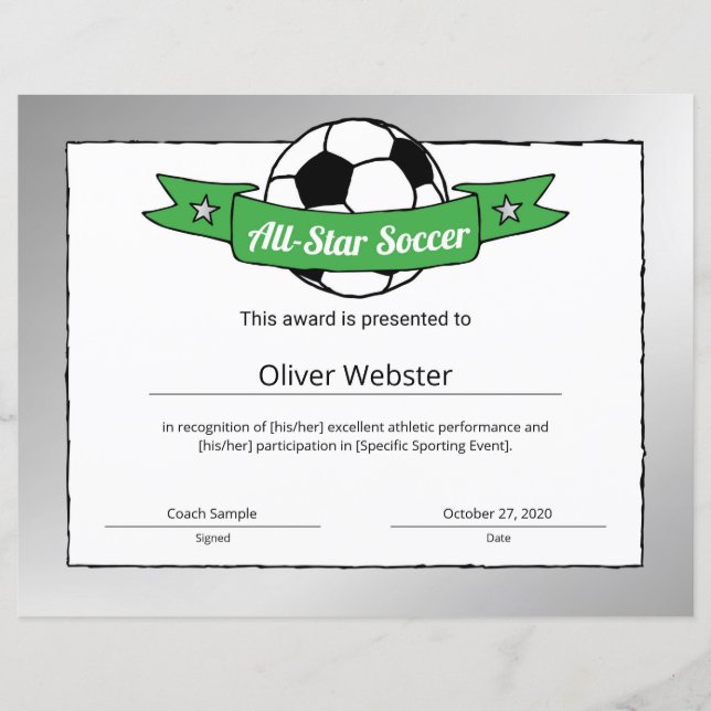 All-Star Soccer Player Award Soccer Certificate (Front)