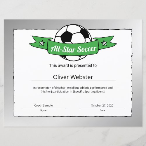 All_Star Soccer Player Award Soccer Certificate