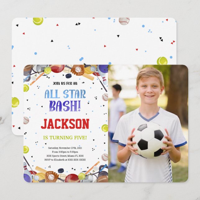 All Star Sport Birthday Photo Invitations (Front/Back)