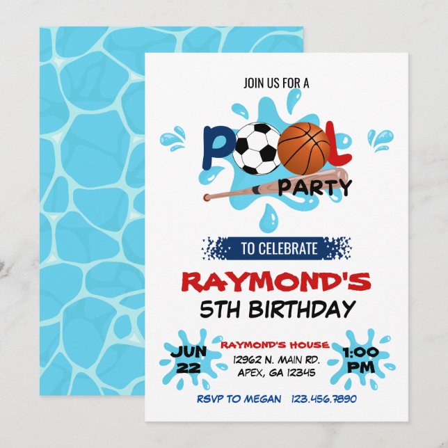 All Star Sport Pool Party Birthday  Invitation (Front/Back)