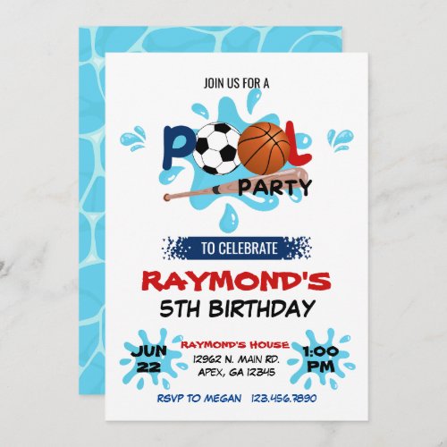 All Star Sport Pool Party Birthday  Invitation