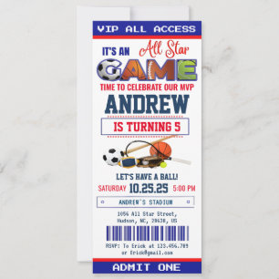 All Star Sport Ticket Birthday Party Invitation