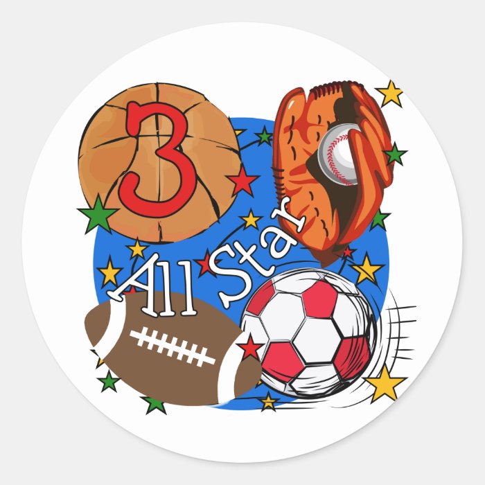 All Star Sports 3rd Birthday Tshirts and Gifts Round Stickers